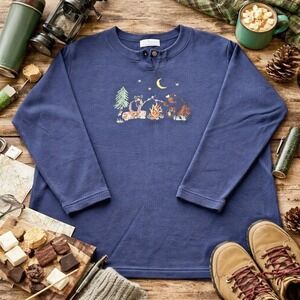 CJ Banks Wms 1X Navy Blue Bear Raccoon Campfire Embroidered Henley Top Vintage